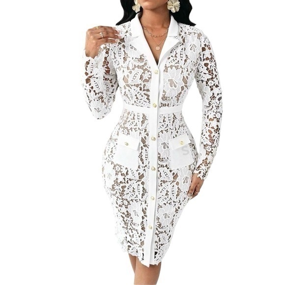 Lady Four Season Elegant White  Long Sleeve Contrast Lace Bodycon Dress - Picture 1 of 6
